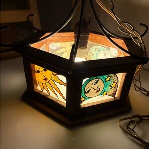Vtg Hexagonal Wood Celestial Sun Moon Stars Stained Glass Hanging Lamp Motifs